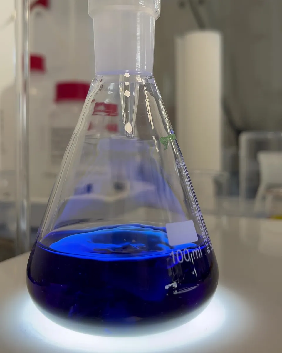 Tiefblaue Lösung im Erlenmeyerkolben