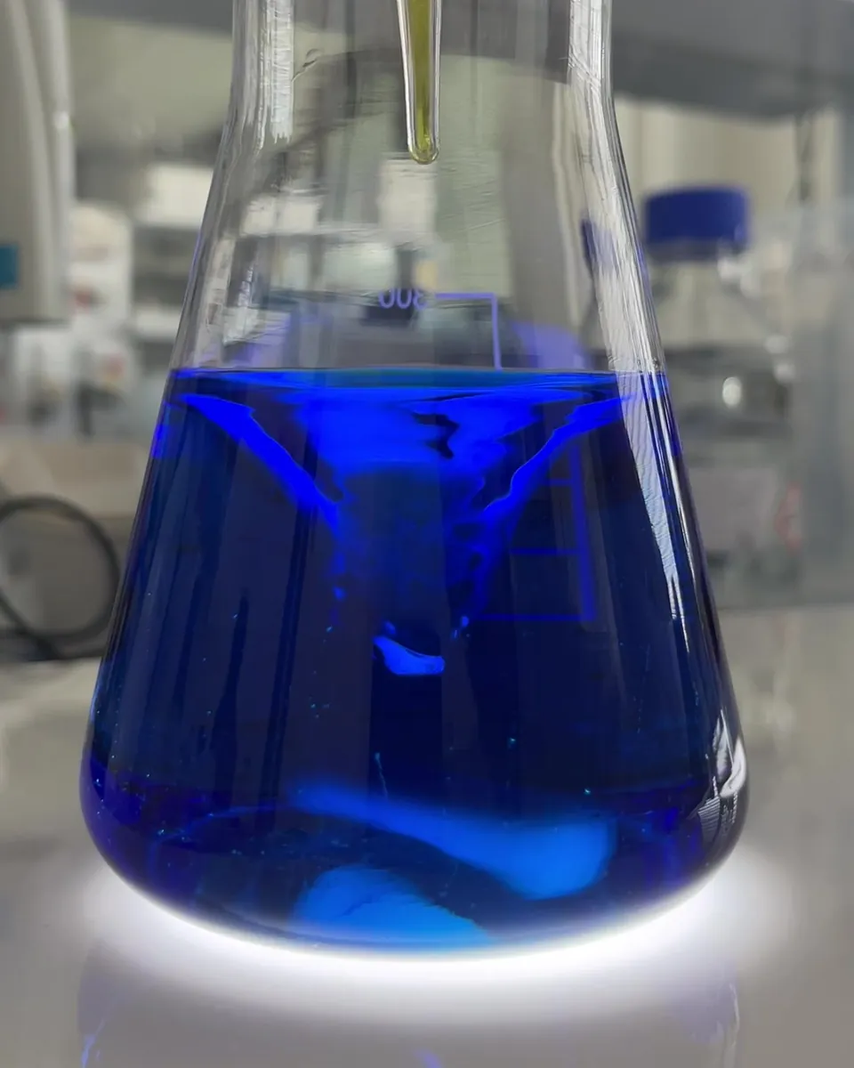 Tiefblaue Lösung im Erlenmeyerkolben, von unten beleuchtet