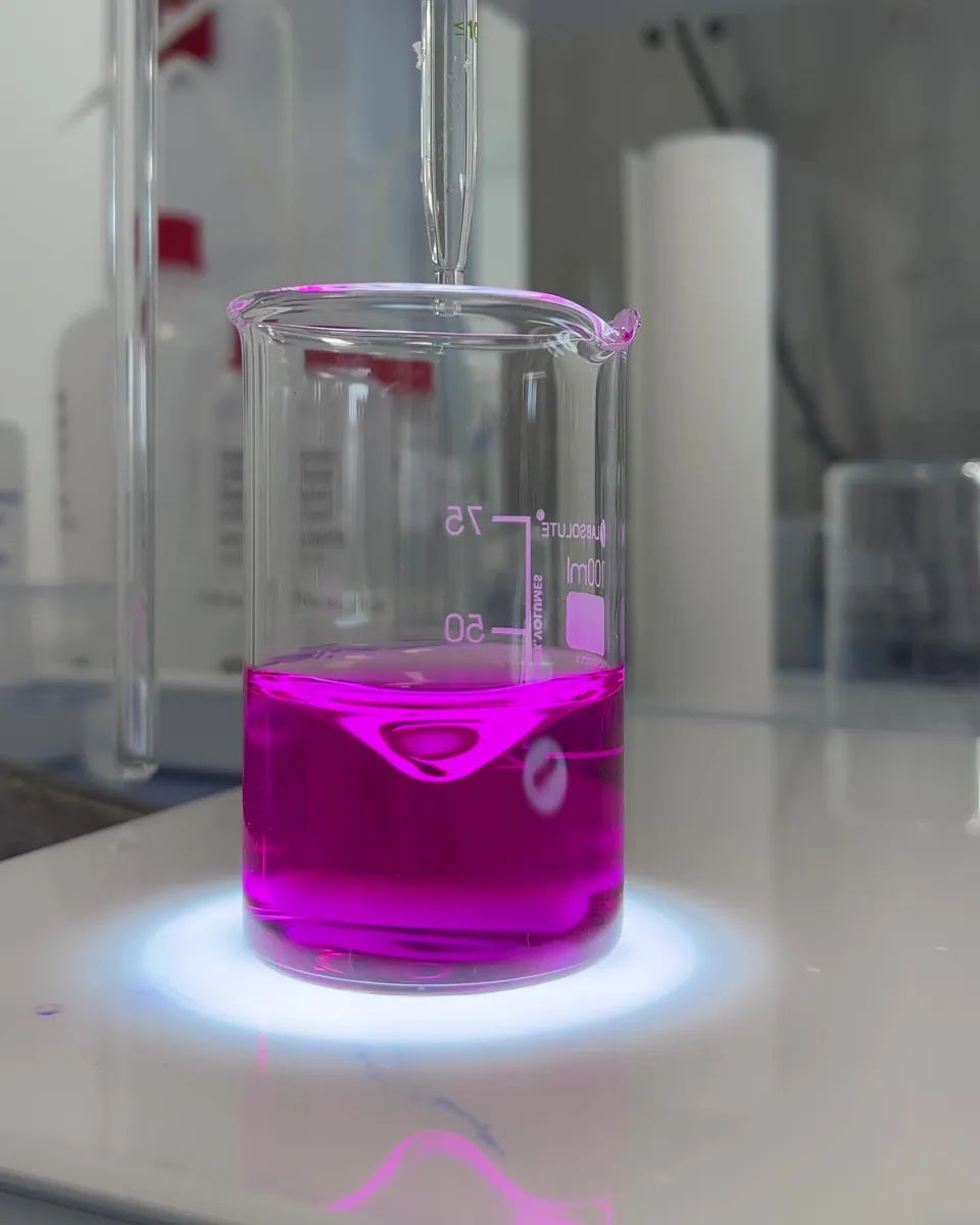 Magentafarbene Lösung im Becherglas auf dem Magnetrührer, von unten beleuchtet